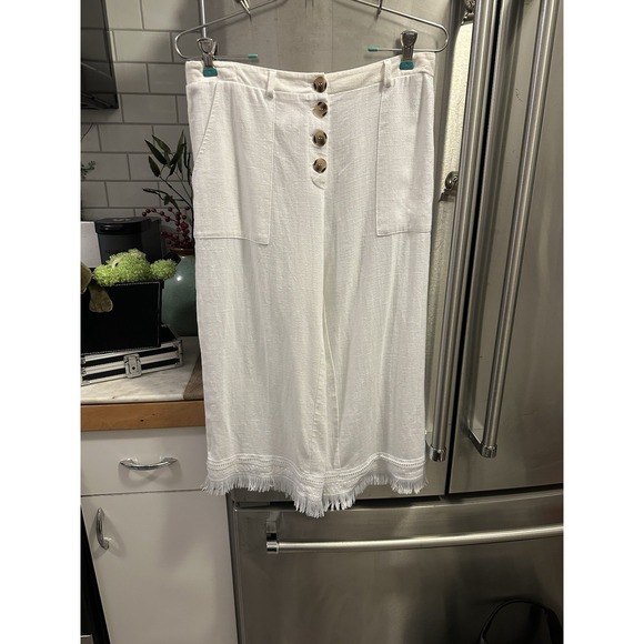 Cream Pants - Goucho Linen Wide Leg Pants SzL Elastic Waist In Back Cream Colored